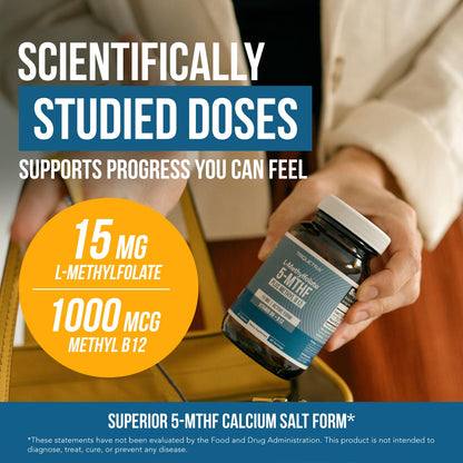 L Methyl Folate 15mg Plus Methyl B12 Cofactor – High Potency, Active 5-MTHF Form - Supports Mood, Methylation, Cognition - Maple Wellness Supplements