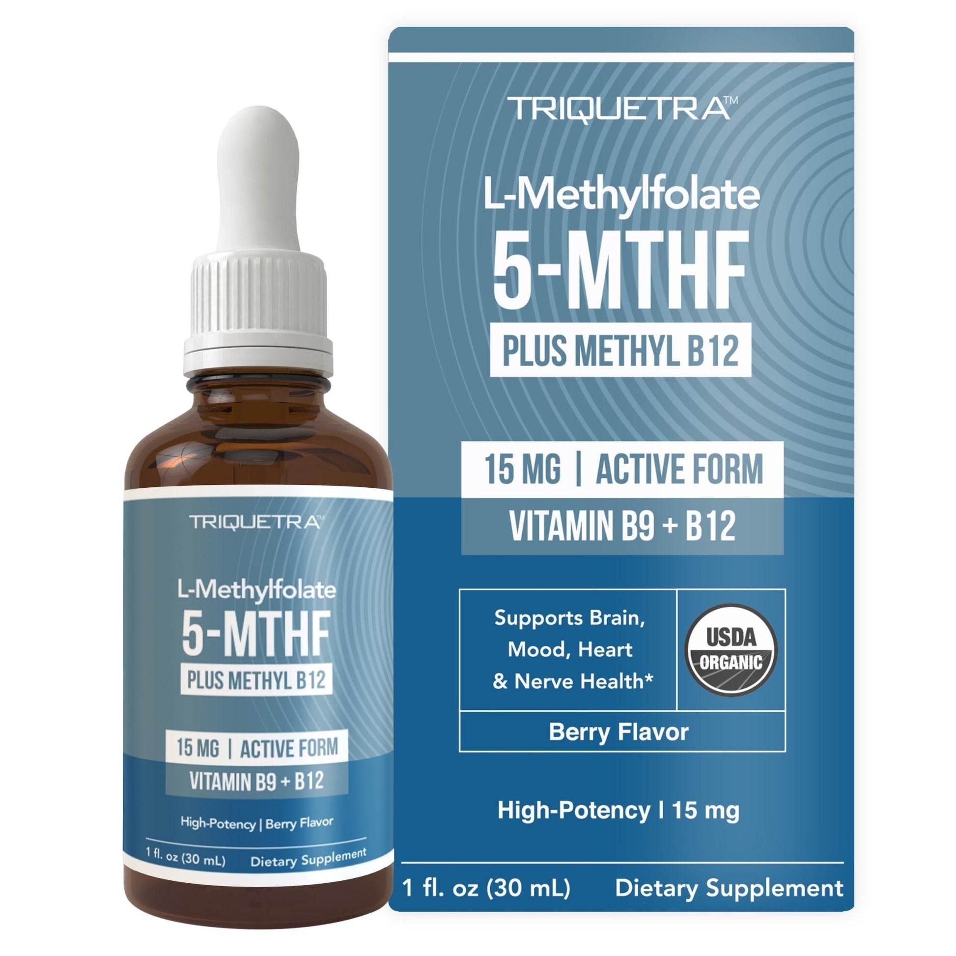 L Methyl Folate 15mg Plus Methyl B12 Cofactor – Organic Berry Flavor, High Potency Liquid Sublingual Active 5-MTHF Form - Supports Mood, Methylation - Maple Wellness Supplements