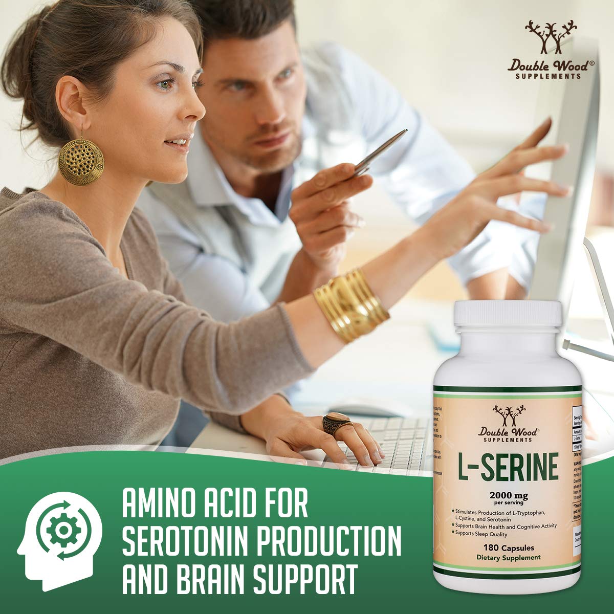 L-Serine Capsules (Third Party Tested) - 2,000mg Servings Used in Clinical Study, 180 Count, 500mg per Capsule (L Serine Amino Acid for Serotonin Production and Brain Support) by Double Wood - Maple Wellness Supplements