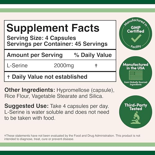 L-Serine Capsules (Third Party Tested) - 2,000mg Servings Used in Clinical Study, 180 Count, 500mg per Capsule (L Serine Amino Acid for Serotonin Production and Brain Support) by Double Wood - Maple Wellness Supplements
