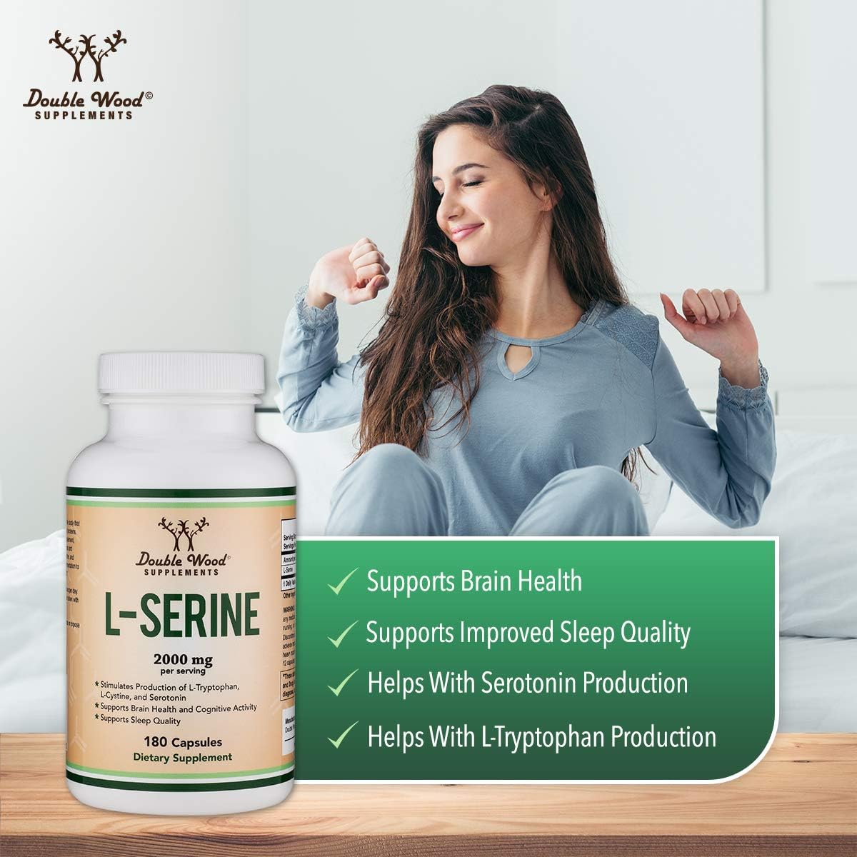 L-Serine Capsules (Third Party Tested) - 2,000mg Servings Used in Clinical Study, 180 Count, 500mg per Capsule (L Serine Amino Acid for Serotonin Production and Brain Support) by Double Wood - Maple Wellness Supplements