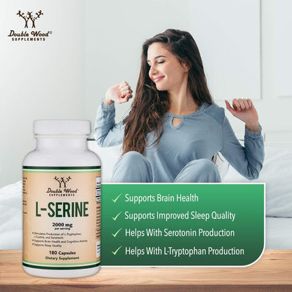 L-Serine Capsules (Third Party Tested) - 2,000mg Servings Used in Clinical Study, 180 Count, 500mg per Capsule (L Serine Amino Acid for Serotonin Production and Brain Support) by Double Wood - Maple Wellness Supplements