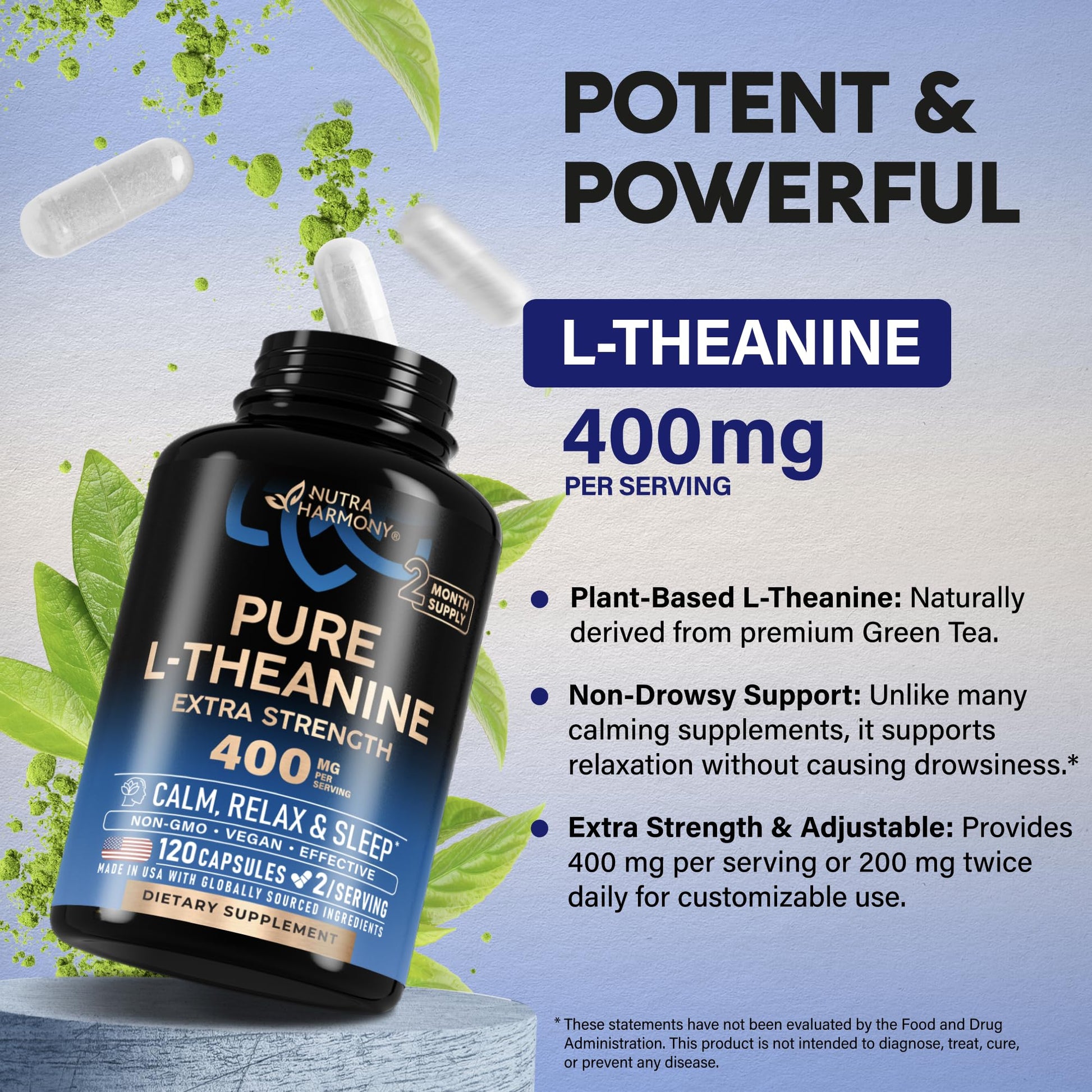 L Theanine 400 mg | L-Theanine Stress Relief | Extra Strength Supplement | Made in USA | Relaxation, Sleep & Calm Support | For Men & Women | Plant Based - Maple Wellness Supplements
