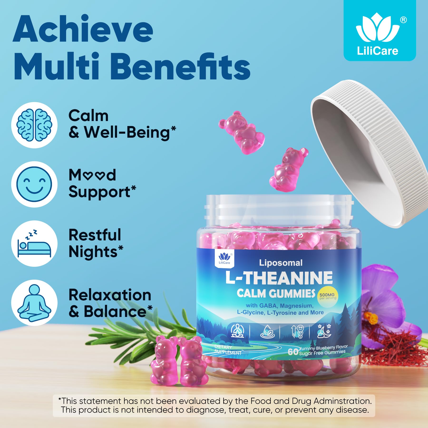 L Theanine Calm Gummies 500mg, Sugar-Free Liposomal L-Theanine Supplement, w/Safforn, Magnesium Glycinate, GABA, Ashwagandha, Algae Omega-3, Vitamin D3 B12 - Maple Wellness Supplements