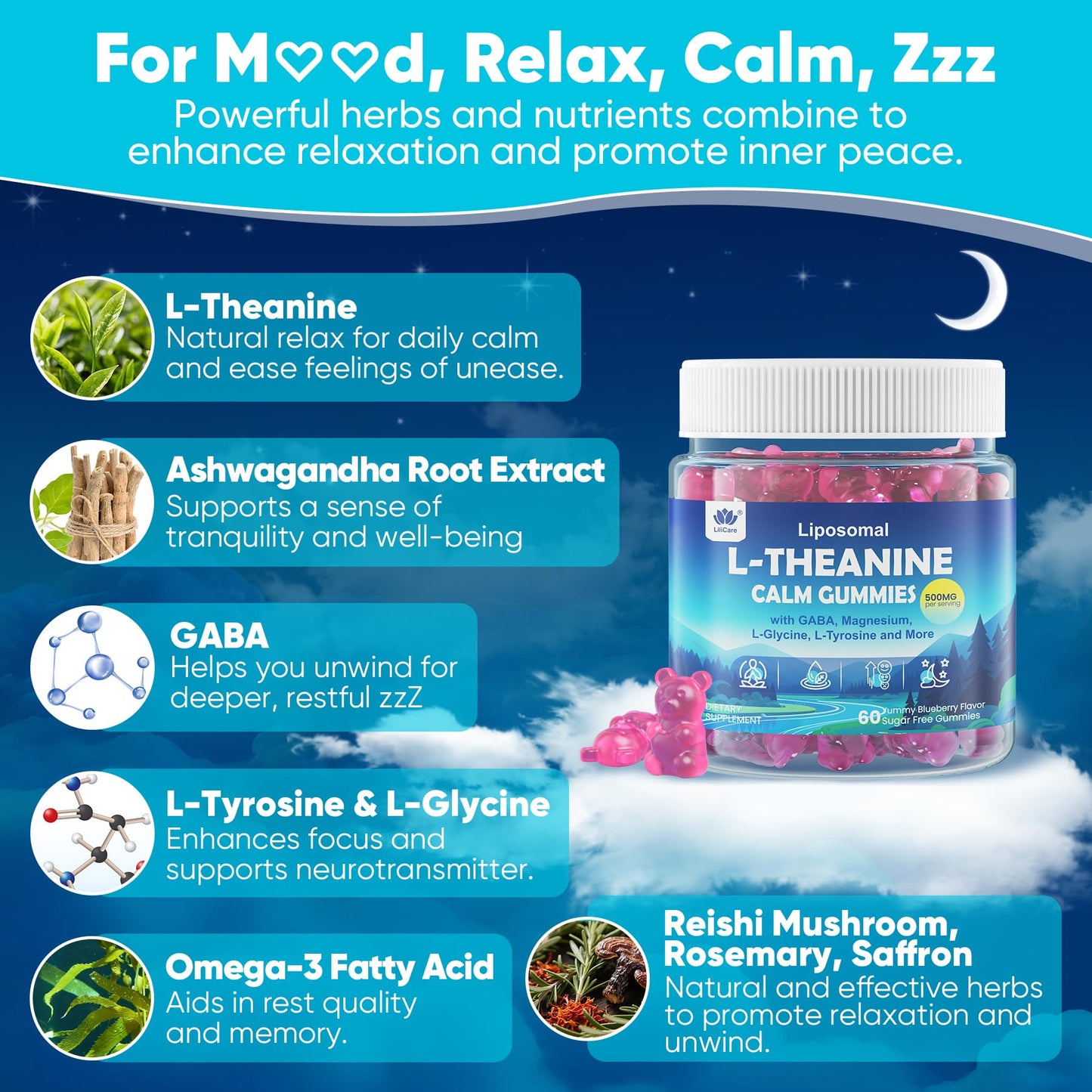 L Theanine Calm Gummies 500mg, Sugar-Free Liposomal L-Theanine Supplement, w/Safforn, Magnesium Glycinate, GABA, Ashwagandha, Algae Omega-3, Vitamin D3 B12 - Maple Wellness Supplements
