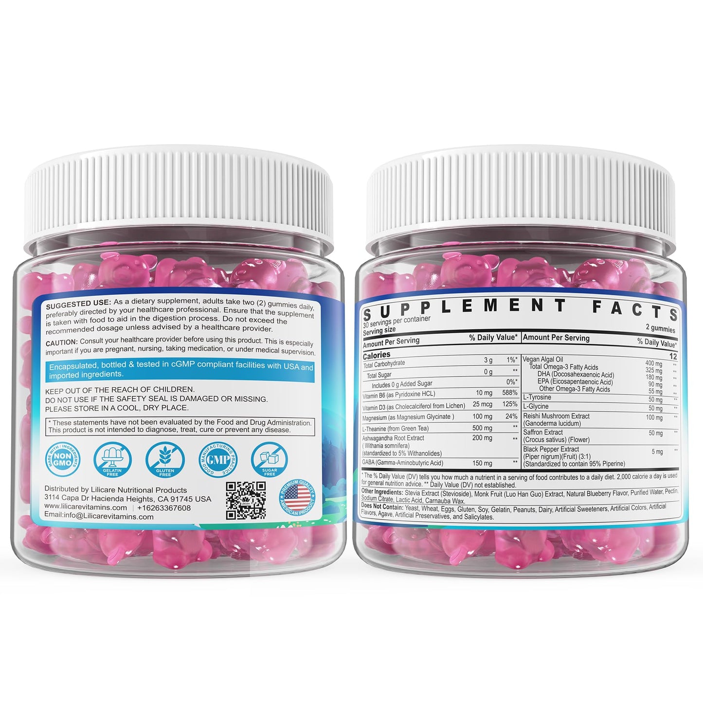 L Theanine Calm Gummies 500mg, Sugar-Free Liposomal L-Theanine Supplement, w/Safforn, Magnesium Glycinate, GABA, Ashwagandha, Algae Omega-3, Vitamin D3 B12 - Maple Wellness Supplements