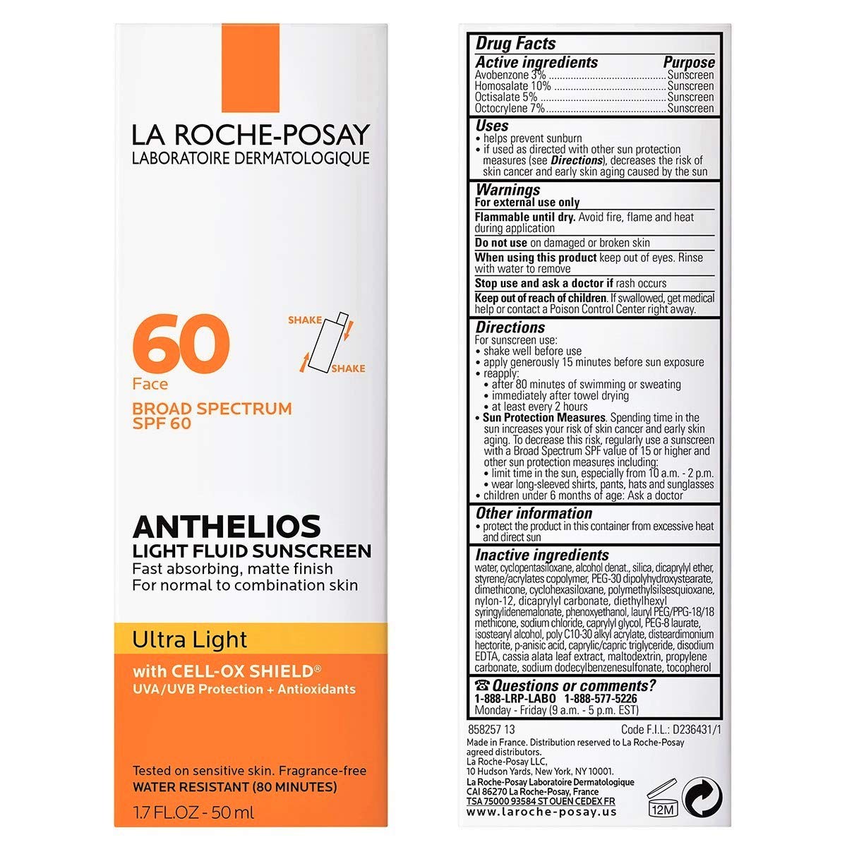 La Roche-Posay Anthelios Light Fluid Facial Sunscreen SPF 60, Lightweight Sunscreen For Face, Fluid Texture, Broad Spectrum SPF + Antioxidants - Maple Wellness Supplements