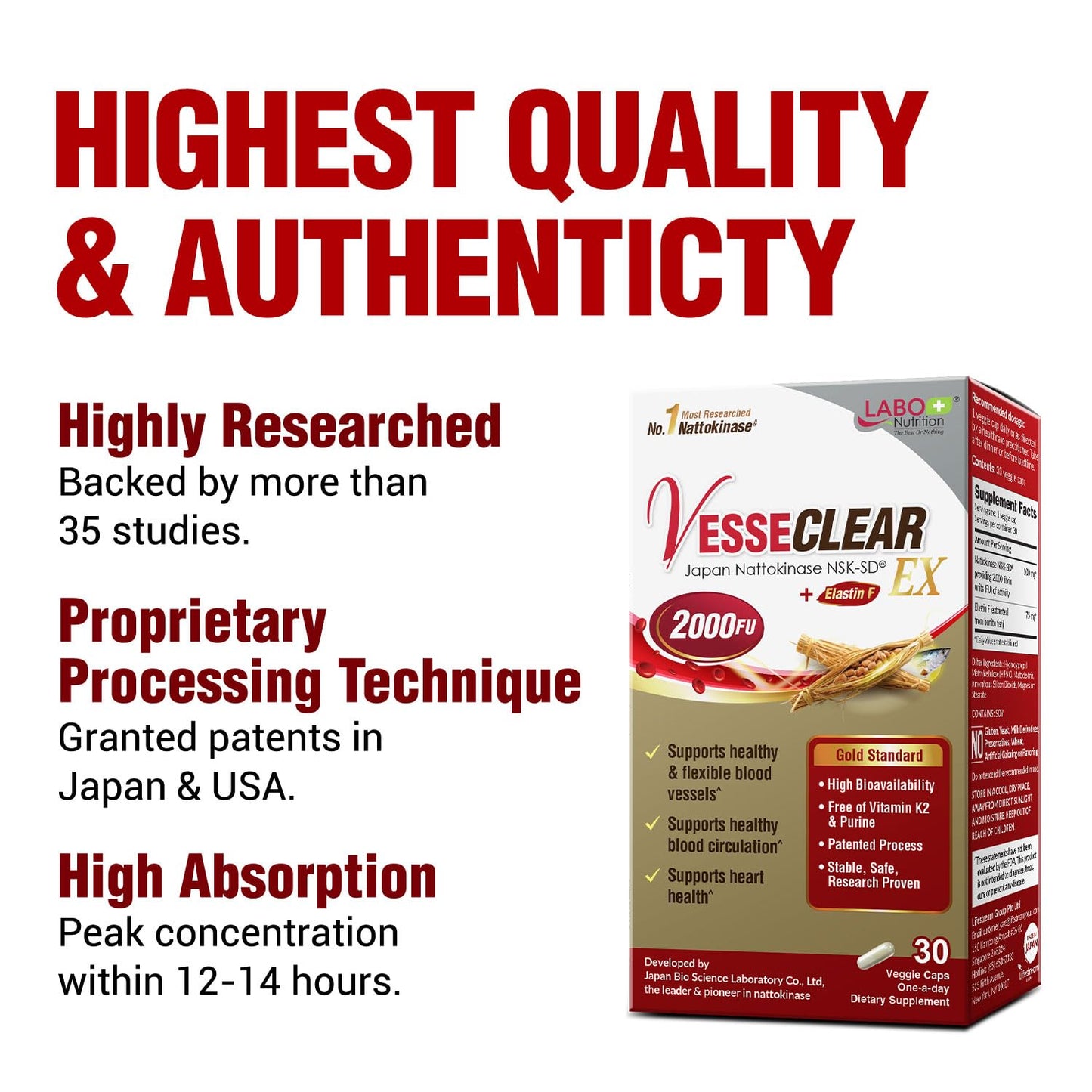 LABO Nutrition VesseCLEAR EX: Nattokinase NSK-SD+Elastin F for Clean & Flexible Blood Vessel. Japan's Most Research Proven, Functional Dose, Acid-Resistant/Delayed Release Capsules - Maple Wellness Supplements