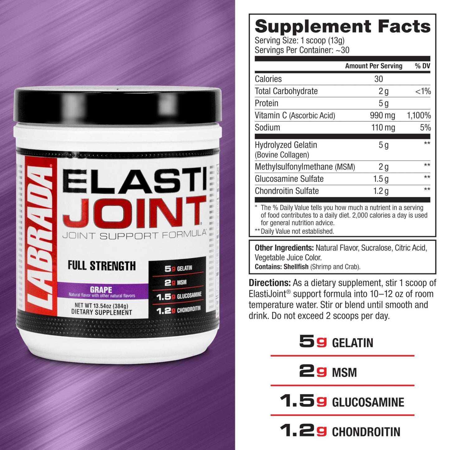 Labrada Nutrition Elastijoint, Grape - Glucosamine Joint Support Supplement Powder for Men & Women, Joint Relief & Bone Health Supplement with MSM, Glucosamine Chondroitin MSM - Gluten-Free - Maple Wellness Supplements