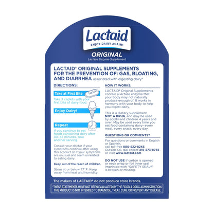 Lactaid Original Strength Lactose Intolerance Pills, 9000 FCC Natural Lactase Enzyme Dairy Relief Caplets, Helps Prevent Gas, Bloating & Diarrhea Due to Lactose Sensitivity in Adults & Kids, 120 Count - Maple Wellness Supplements