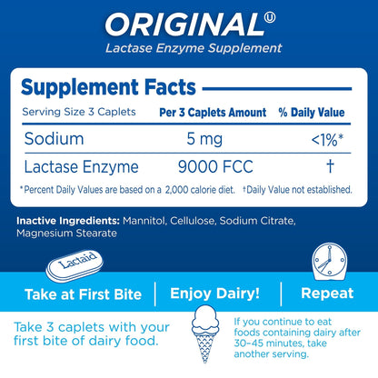 Lactaid Original Strength Lactose Intolerance Pills, 9000 FCC Natural Lactase Enzyme Dairy Relief Caplets, Helps Prevent Gas, Bloating & Diarrhea Due to Lactose Sensitivity in Adults & Kids, 120 Count - Maple Wellness Supplements