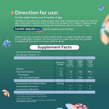 Lactéol diarrhEase Kids - a Safe, Drug Free and clinically Tested postbiotic Strain That Shortens The Duration of Occasional Diarrhea- Works Naturally with Your Child’s Body, 10 Count - Maple Wellness Supplements