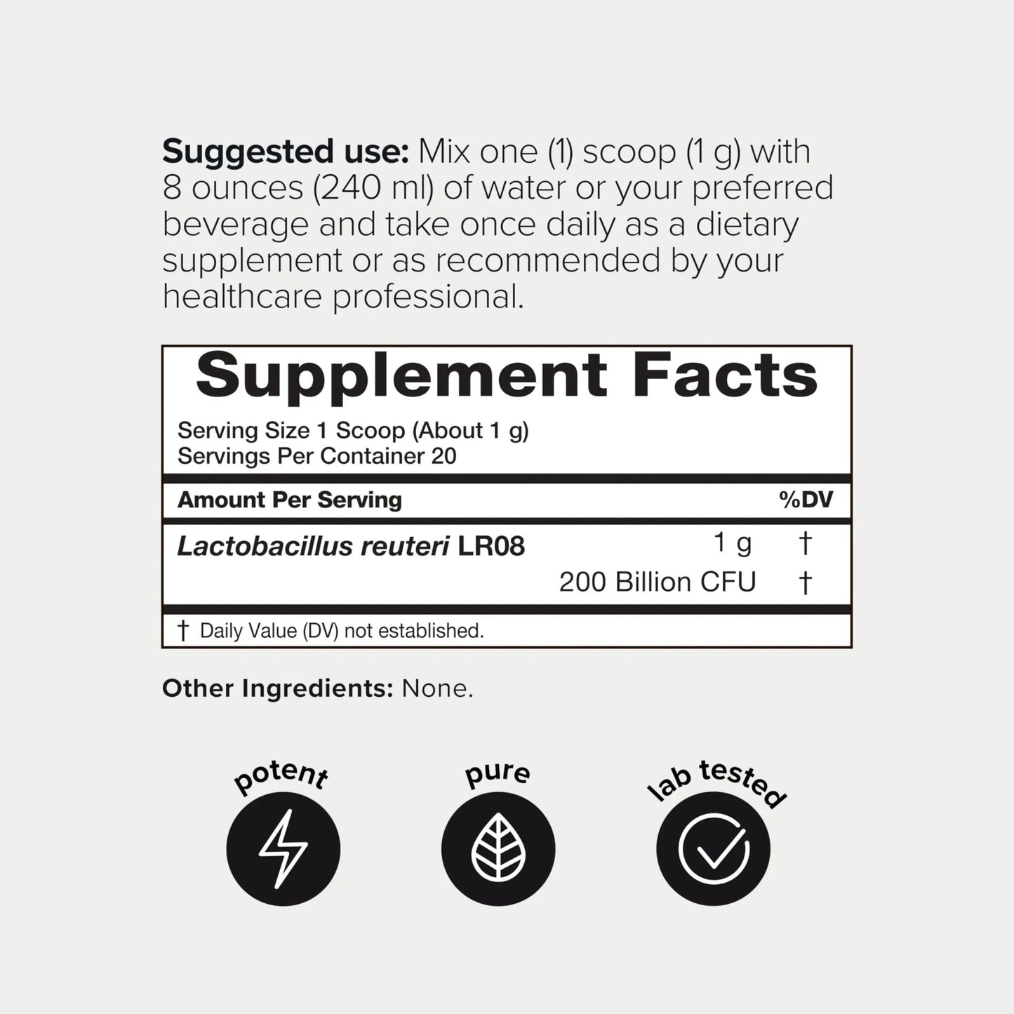 Lactobacillus Reuteri Powder – Ultra High Strength 200 Billion CFU Probiotic L Reuteri Supplement and Yogurt Starter – Third Party Tested Pure Single-Strain– Shelf-Stable – 20g - Maple Wellness Supplements