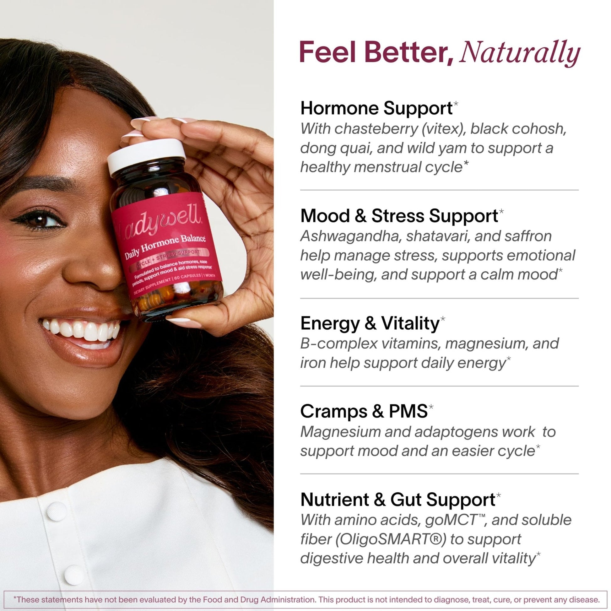 Ladywell Daily Hormone Balance Capsules | Natural Cycle Support for Women | Supports Mood, Bloating, Cramps, Skin Health & Cravings | with Chasteberry, B Vitamins, Ashwagandha, Saffron & More | 60 Ct - Maple Wellness Supplements
