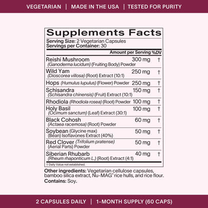 Ladywell Perimeno - Perimenopause Support - Support for Mood, Mental Clarity, Sleep & Hot Flashes - Black Cohosh, Reishi, Wild Yam, Holy Basil, Schisandra, Rhodiola, Siberian Rhubarb / 60 Veg Caps - Maple Wellness Supplements