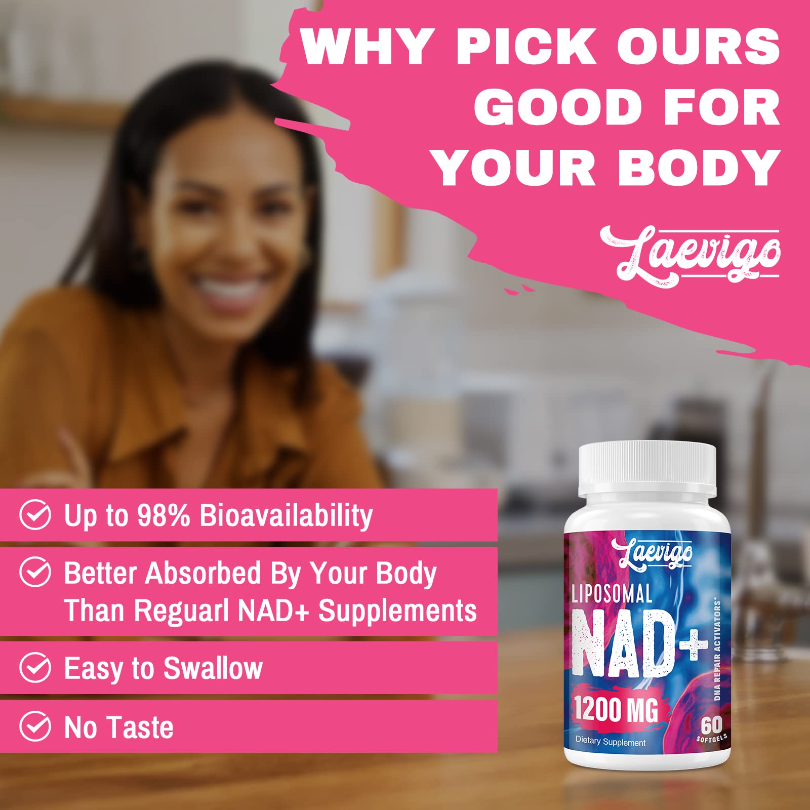 Laevigo Liposomal NAD+ Supplement 1200mg High Absorption, Cellular Energy & Mitochondrial Support, NAD Plus for Longevity & Vitality, Anti-Aging Formula, 60 Softgels - Maple Wellness Supplements