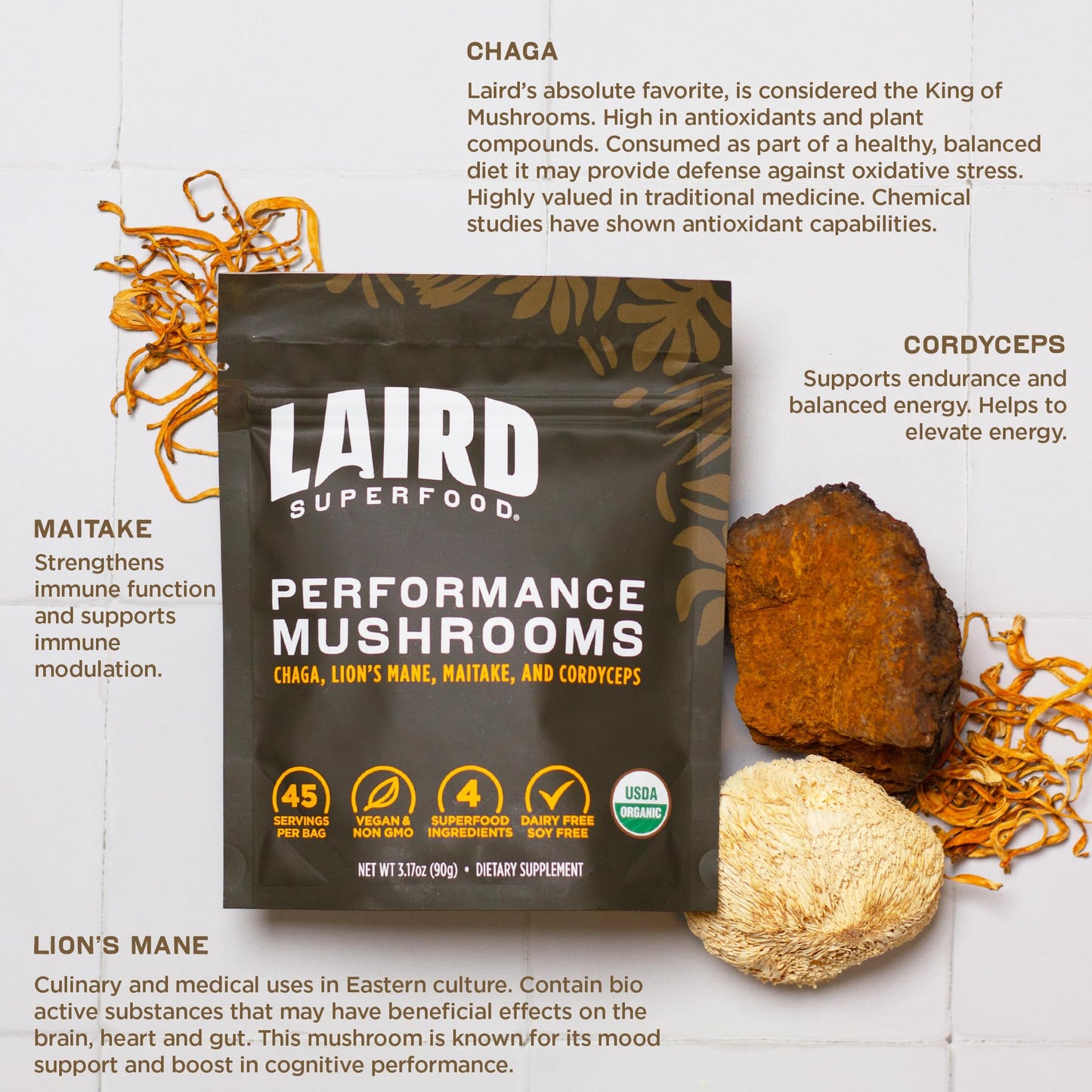 Laird Superfood Organic Performance Mushroom Blend with Chaga, Cordyceps, Lion's Mane and Maitake for Energy - Maple Wellness Supplements