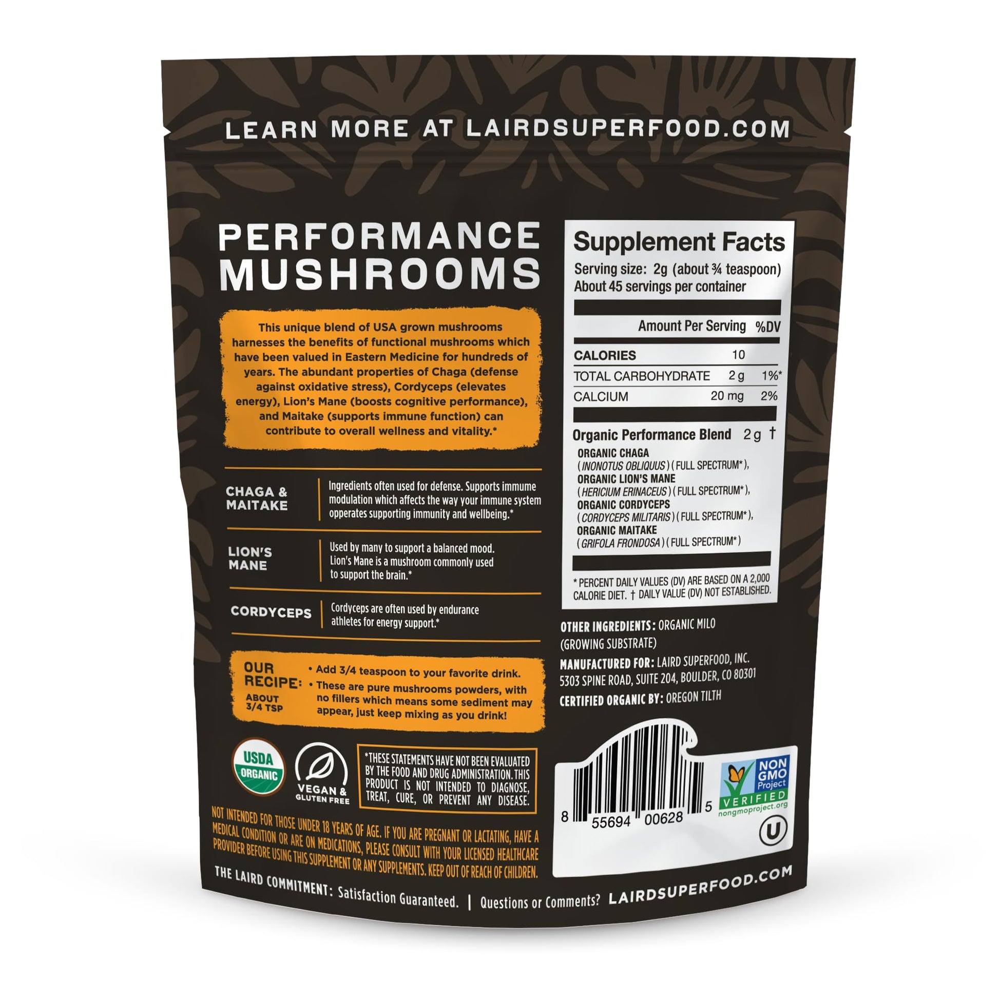Laird Superfood Organic Performance Mushroom Blend with Chaga, Cordyceps, Lion's Mane and Maitake for Energy - Maple Wellness Supplements