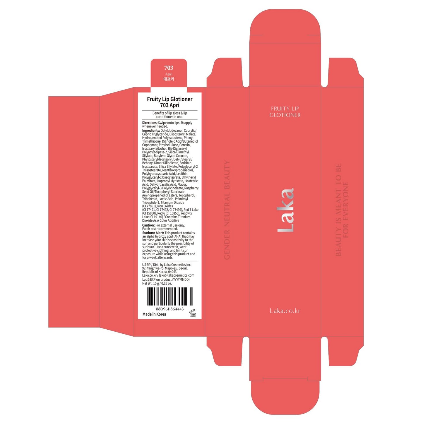 Laka Fruity Lip Glotioner, 10ml/0.33 fl.oz, Lip Gloss with High Shine Vivid Colors, Jelly tip for Hygienic & Easy Application, K-Beauty (703 Apri) - Maple Wellness Supplements