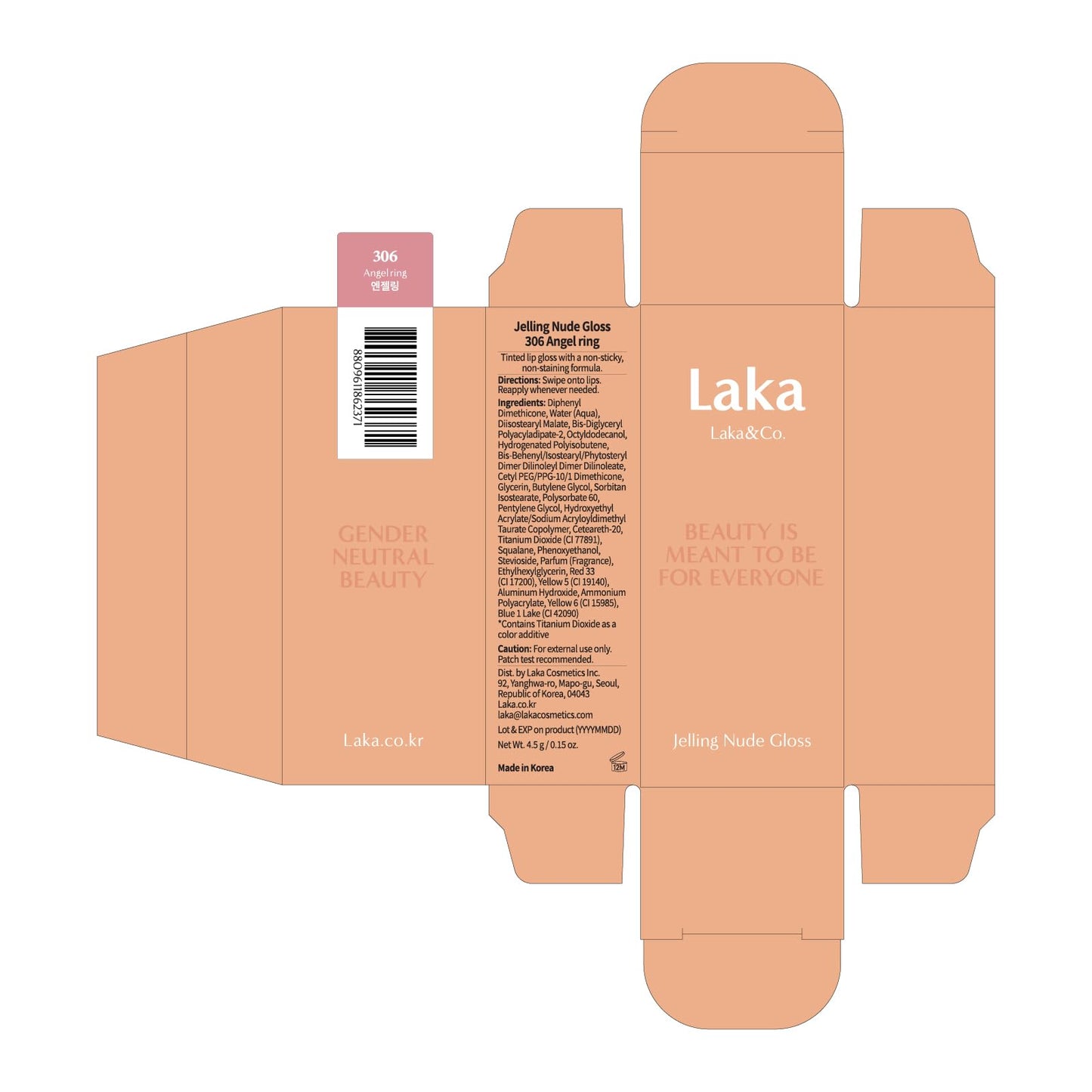 Laka Jelling Nude Gloss, 4.5g/0.15oz, Sheer Hydrating Lip Oil with No Stain, Non-Sticky, Nourishing Gloss for a Glowy Look, K-Beauty (306 Angelring) - Maple Wellness Supplements
