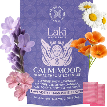 Laki Naturals Lavender Chamomile Calm Mood Functional Herbal Lozenges (14ct) Throat & Calming Hard Candies with Magnesium, Ashwagandha, California Poppy & Valerian. Vegan, Sugar Free, Gluten Free - Maple Wellness Supplements