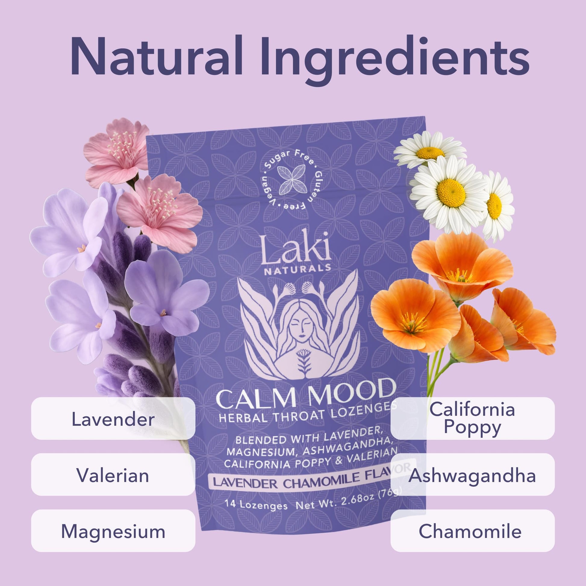 Laki Naturals Lavender Chamomile Calm Mood Functional Herbal Lozenges (14ct) Throat & Calming Hard Candies with Magnesium, Ashwagandha, California Poppy & Valerian. Vegan, Sugar Free, Gluten Free - Maple Wellness Supplements
