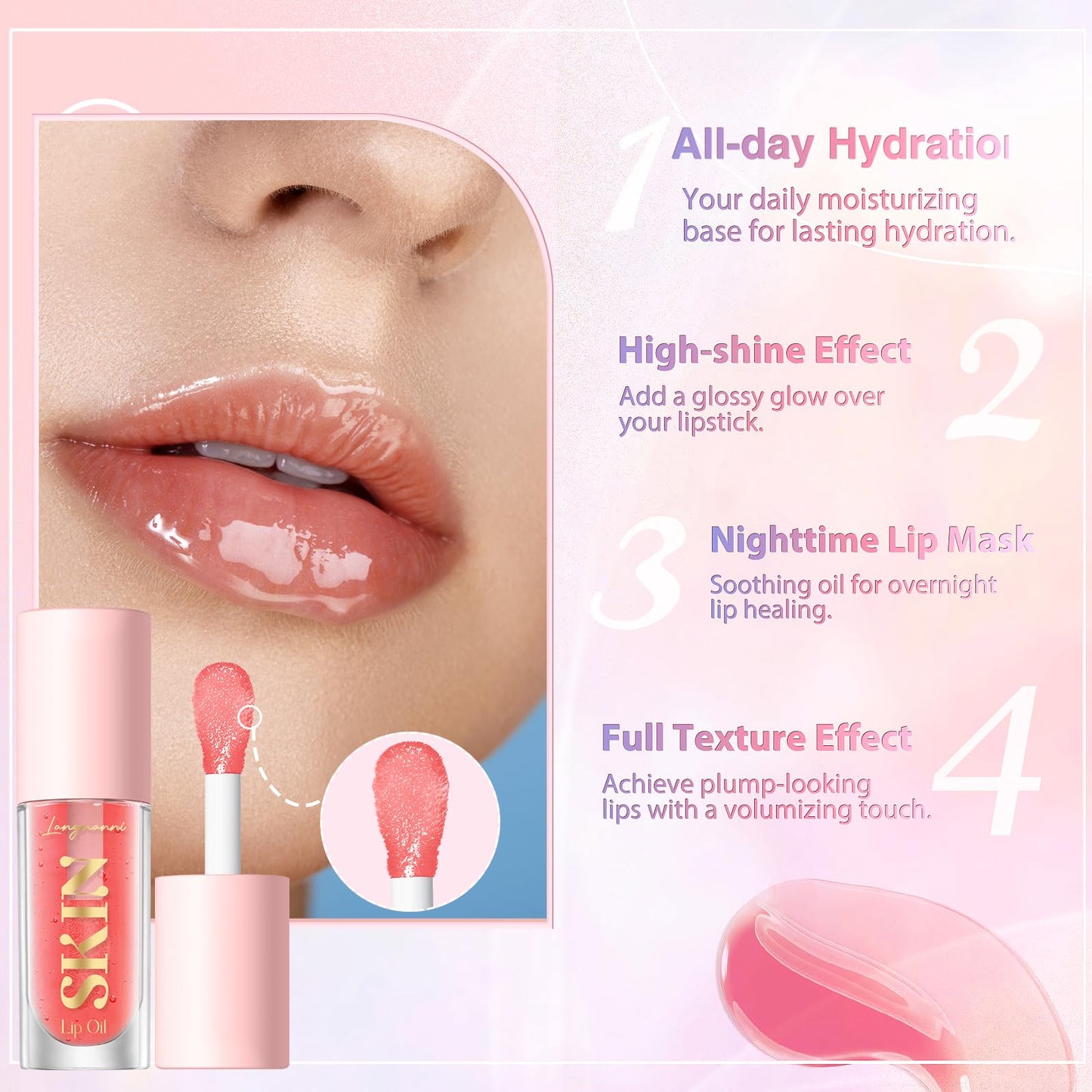 LANGMANNI Moisturizing Lip Oil,No-Sticky Lip Gloss Lip Balm Lip Care,Fruit Flavoured Lip Oil For Dry Lip's Moisturizing Hydrating And Nourishing ((Strawberry)) - Maple Wellness Supplements