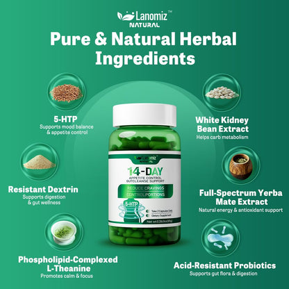 Lanomiz 14DAY Appetite & Craving Control Gut Health Complex Featuring Delayed-Release Probiotics & White Kidney Bean Extract 5-HTP - Maple Wellness Supplements