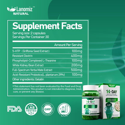 Lanomiz 14DAY Appetite & Craving Control Gut Health Complex Featuring Delayed-Release Probiotics & White Kidney Bean Extract 5-HTP - Maple Wellness Supplements