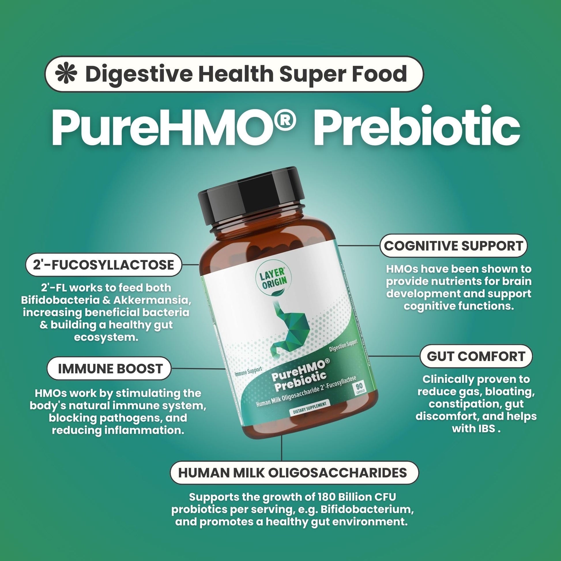 Layer Origin PureHMO Human Milk Oligosaccharide (HMO 2'-FL) Prebiotic Fiber - Feed 180 Billion Probiotics/Serving, 30-Day Supply - Maple Wellness Supplements