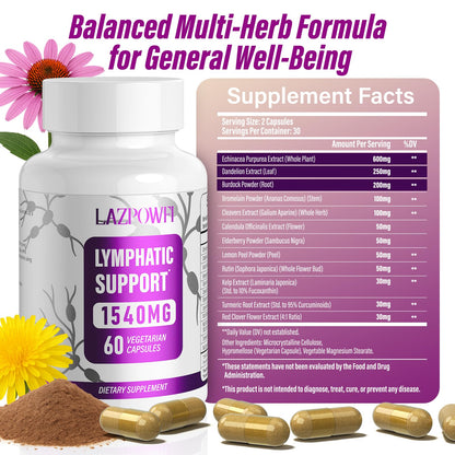 Lazpowfi Lymphatic Drainage Supplements, 1540mg Lymph System Support Supplement for Women & Men with Dandelion, Burdock, Echinacea,Rutin, Turmeric,Cleavers & More, 60 Capsules - Maple Wellness Supplements