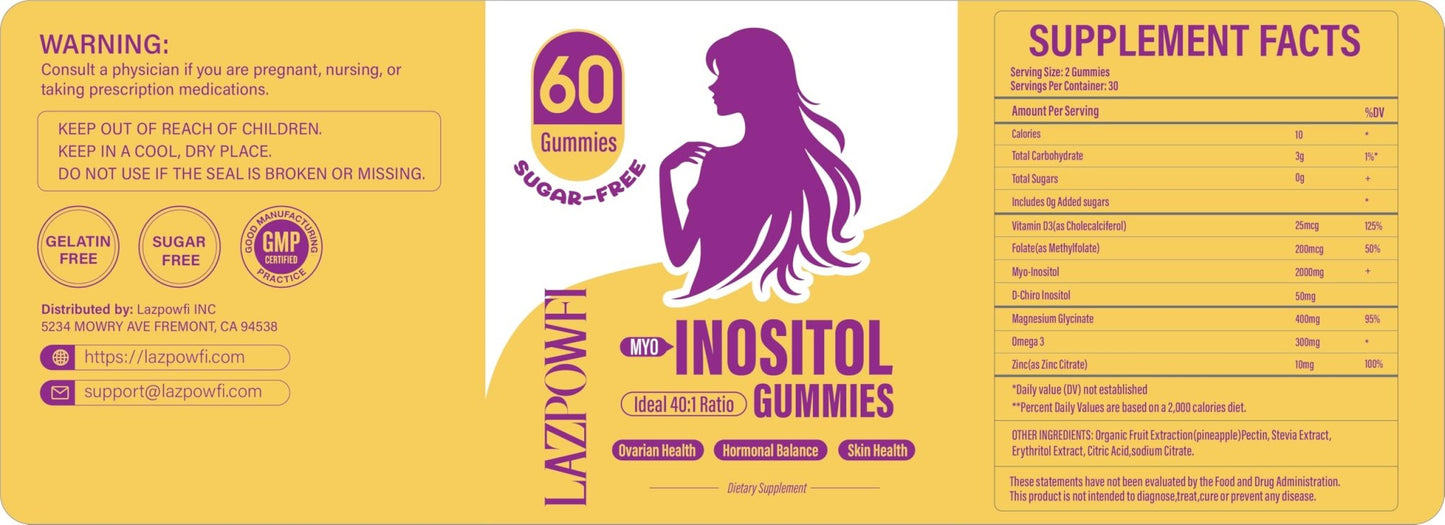 Lazpowfi Myo-Inositol & D-Chiro Inositol,Inositol Gummies with Vitamin D3, Magnesium Glycinate, Omega-3, Folate & Zinc, Inositol Supplement Menstrual Cycle for Women-40:1 Ratio-30 Day Supply - Maple Wellness Supplements