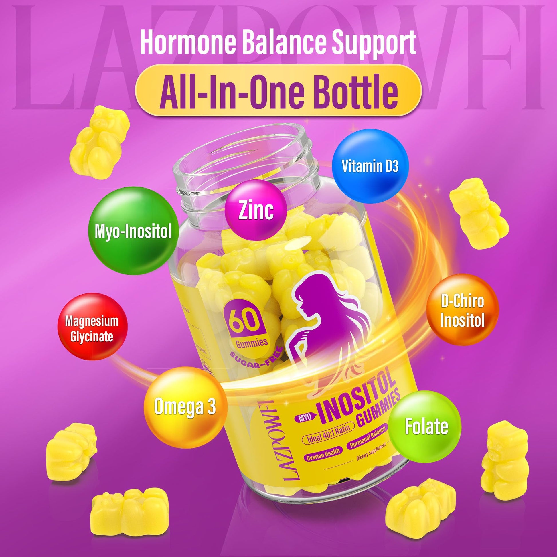 Lazpowfi Myo-Inositol & D-Chiro Inositol,Inositol Gummies with Vitamin D3, Magnesium Glycinate, Omega-3, Folate & Zinc, Inositol Supplement Menstrual Cycle for Women-40:1 Ratio-30 Day Supply - Maple Wellness Supplements