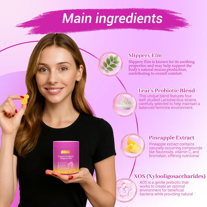 Le Tian Xian Her Juicy Feminine Probiotics Gummies for Women with Slippery Elm, Prebiotics & Lactobacillus - for pH Balance & Digestive Health, Tropical Pineapple Flavor, 60 Count - Maple Wellness Supplements