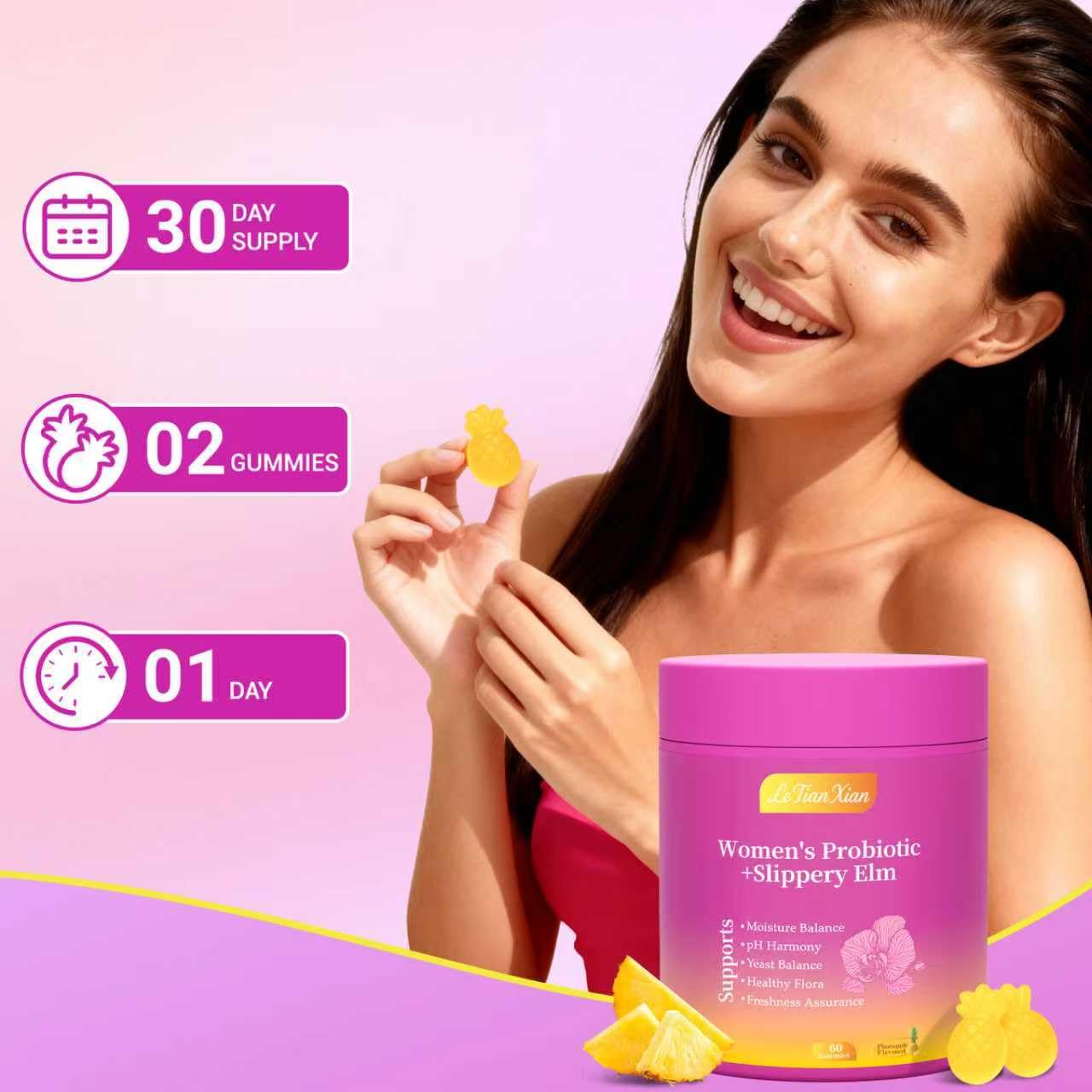 Le Tian Xian Her Juicy Feminine Probiotics Gummies for Women with Slippery Elm, Prebiotics & Lactobacillus - for pH Balance & Digestive Health, Tropical Pineapple Flavor, 60 Count - Maple Wellness Supplements