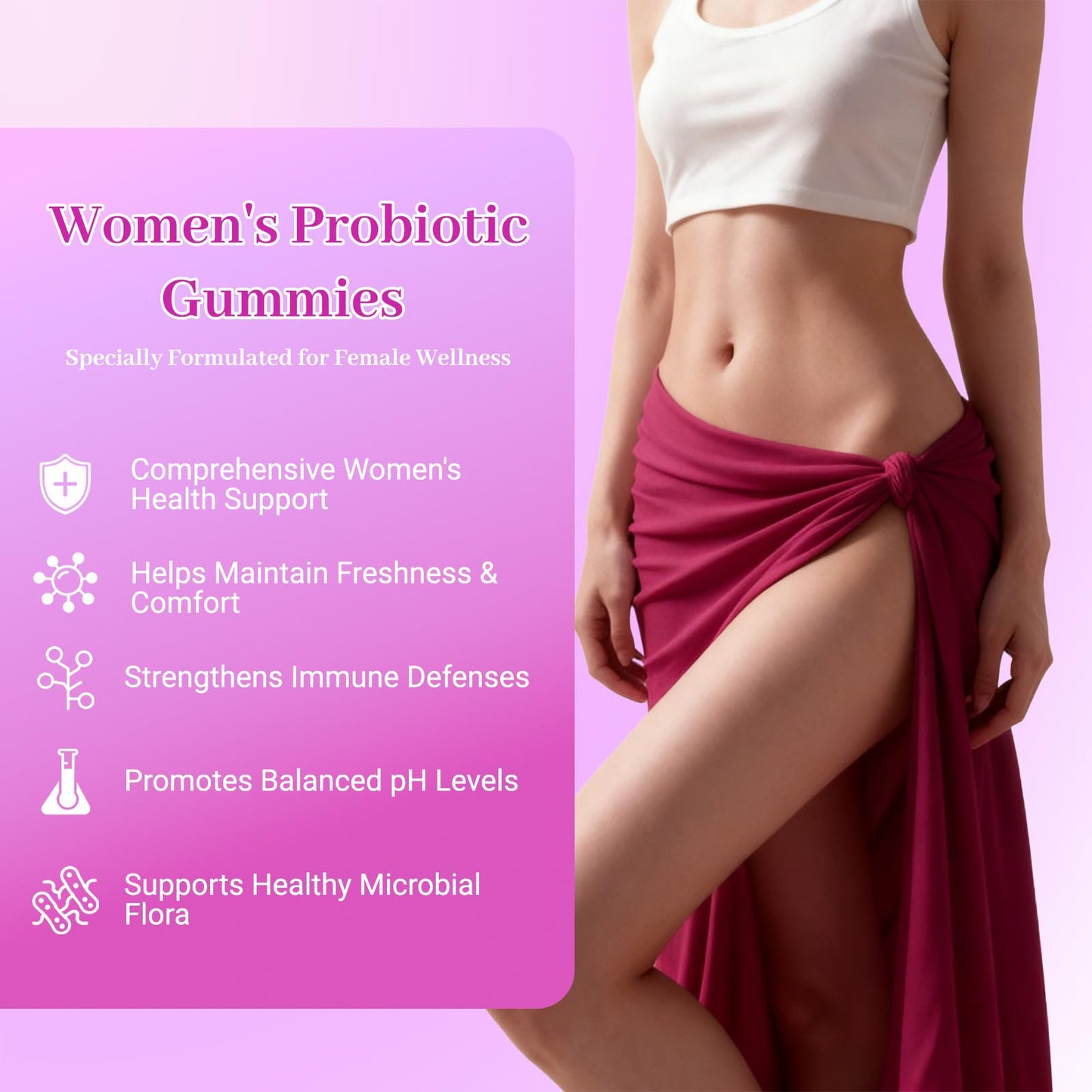 Le Tian Xian Her Juicy Feminine Probiotics Gummies for Women with Slippery Elm, Prebiotics & Lactobacillus - for pH Balance & Digestive Health, Tropical Pineapple Flavor, 60 Count - Maple Wellness Supplements