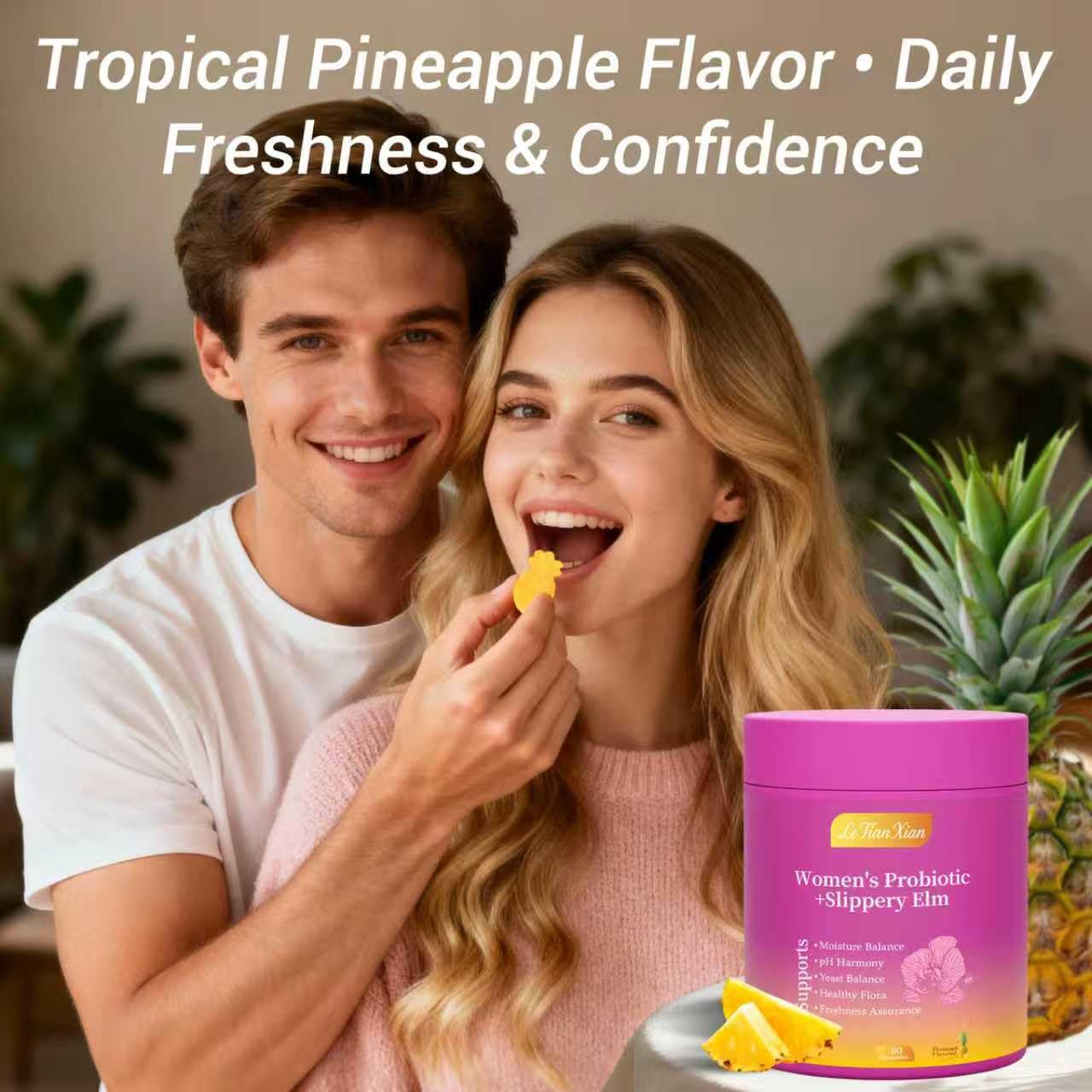 Le Tian Xian Her Juicy Feminine Probiotics Gummies for Women with Slippery Elm, Prebiotics & Lactobacillus - for pH Balance & Digestive Health, Tropical Pineapple Flavor, 60 Count - Maple Wellness Supplements