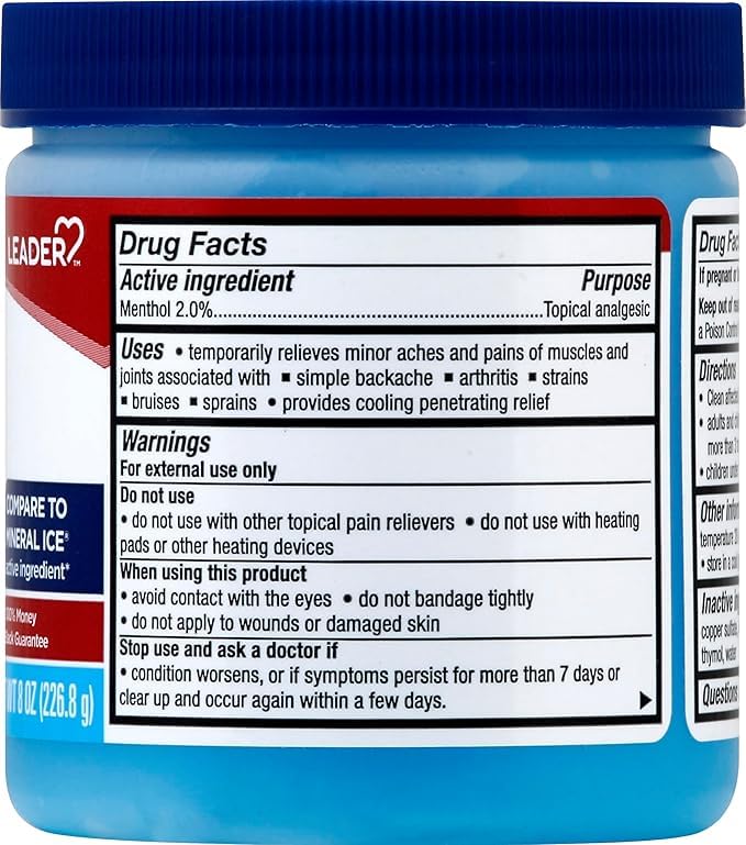 Leader Mineral Ice Blue Gel, Menthol 2%, Pain Relief Gel, Topical Analgesic, for Muscle Pain, Backache, Arthritis & Sport Injuries, for Adults and Kids 2+, Compare to Mineral Ice, 8 oz - Maple Wellness Supplements