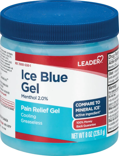 Leader Mineral Ice Blue Gel, Menthol 2%, Pain Relief Gel, Topical Analgesic, for Muscle Pain, Backache, Arthritis & Sport Injuries, for Adults and Kids 2+, Compare to Mineral Ice, 8 oz - Maple Wellness Supplements