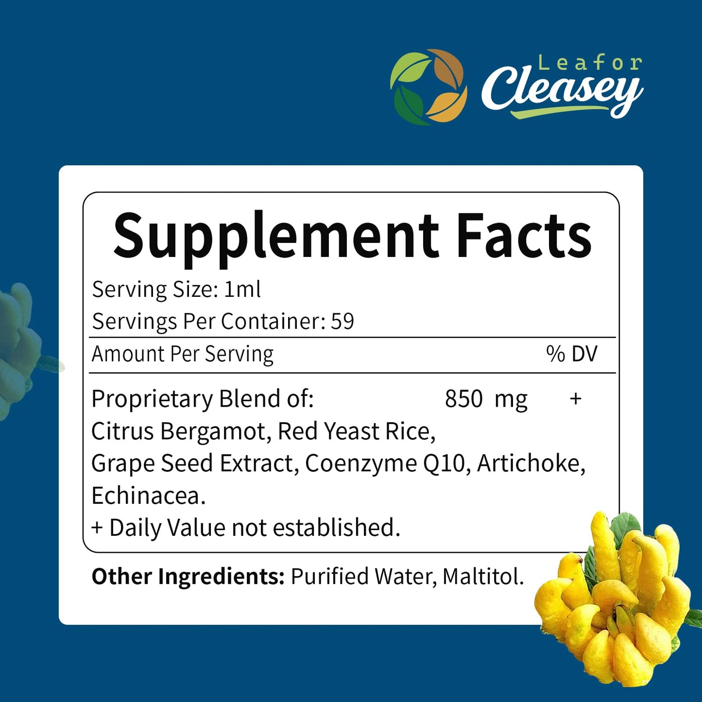 LeaforClensey Citrus Bergamot Liquid Drops for High Cholesterol, Bergamot Extract Blend Supplements with Red Yeast Rice & CoQ10 for Heart - Maple Wellness Supplements