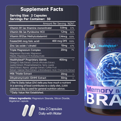 LeafStory Nootropic Brain Supplements for Memory and Focus, Cognitive Function for Mental Health & Clarity, Vitamin B6 B12, Folate & Dihydromyricetin, 60 Capsules - Maple Wellness Supplements