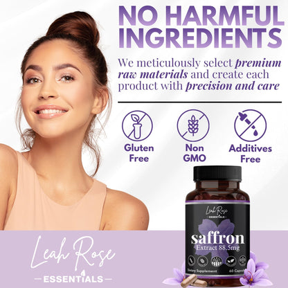 Leah Rose Essentials Saffron Supplement 88.5mg | Mood, Focus, and Stress Support | 60 Premium Saffron Extract Capsules | Made in the USA | 3rd Party Lab Tested | Non-GMO, Vegan, Gluten-Free - Maple Wellness Supplements
