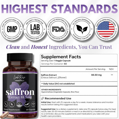 Leah Rose Essentials Saffron Supplement 88.5mg | Mood, Focus, and Stress Support | 60 Premium Saffron Extract Capsules | Made in the USA | 3rd Party Lab Tested | Non-GMO, Vegan, Gluten-Free - Maple Wellness Supplements