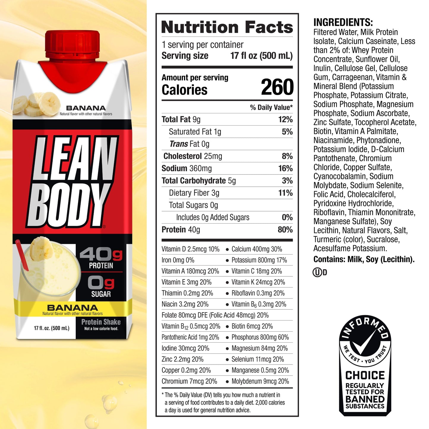Lean Body Ready-to-Drink Banana Protein Shake, 40g Protein, Whey Blend, 0 Sugar - Maple Wellness Supplements