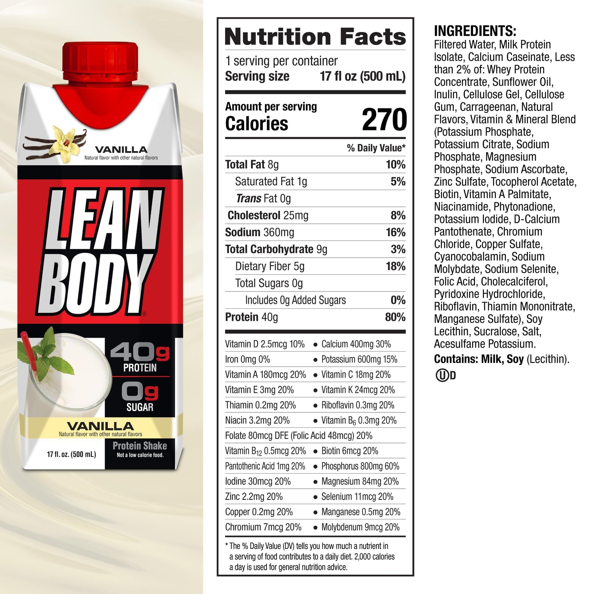 Lean Body Ready-to-Drink Vanilla Protein Shake, 40g Protein, Whey Blend, 0 Sugar, Gluten - Maple Wellness Supplements