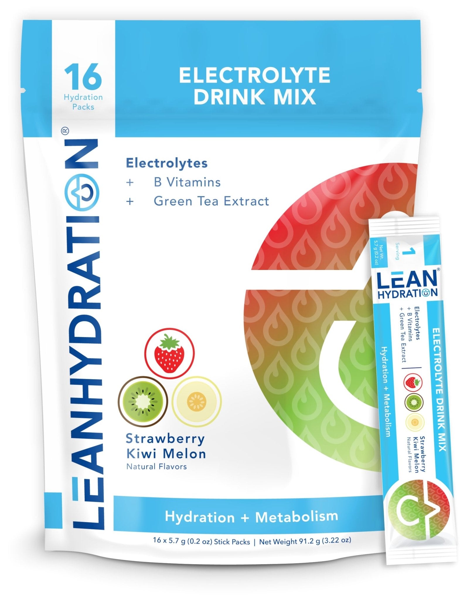 LEAN Hydration Daily Electrolyte Packets Drink Mix | Zero Calories, Zero Sugar Plus Vitamins, Minerals & More | 16 ct (Strawberry Kiwi Melon) - Maple Wellness Supplements