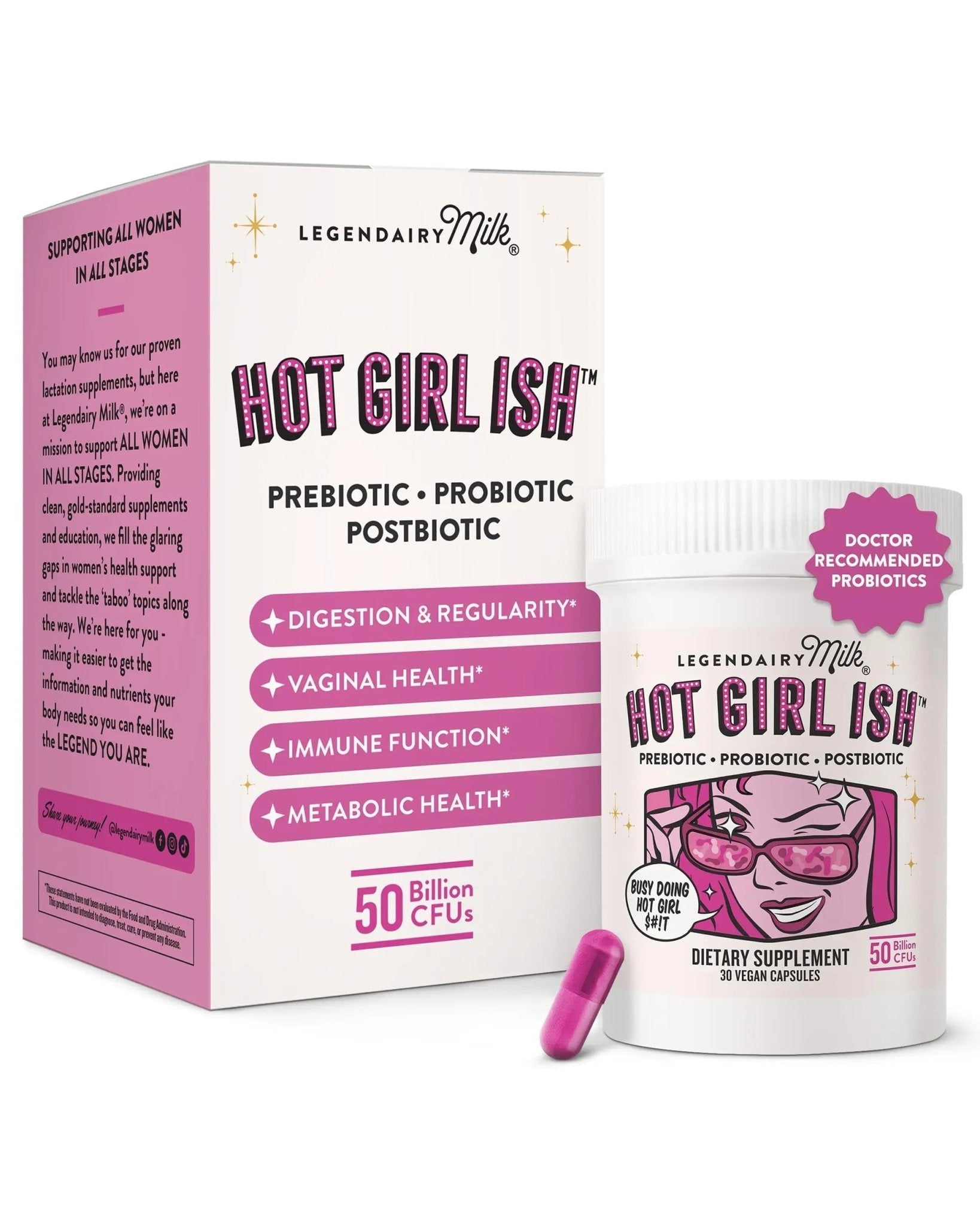 Legendairy Milk Hot Girl Ish™ - Daily Probiotics for Women with 50 Billion CFU - Women's Probiotic Supplement with 20 Probiotic Strains, Prebiotics & Postbiotic for Digestive, Gut & Immune Health - Maple Wellness Supplements