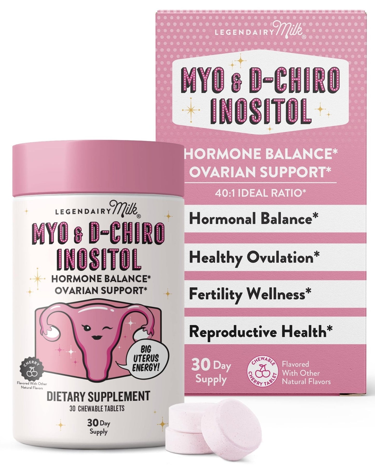 Legendairy Milk Myo-Inositol & D-Chiro Inositol Supplement for Women, 40:1 Ratio, PCOS & Fertility Support, Hormone Balance, Sugar Free Vegan Chewable Tablets, Cherry Flavor, 30 Day Supply - Maple Wellness Supplements