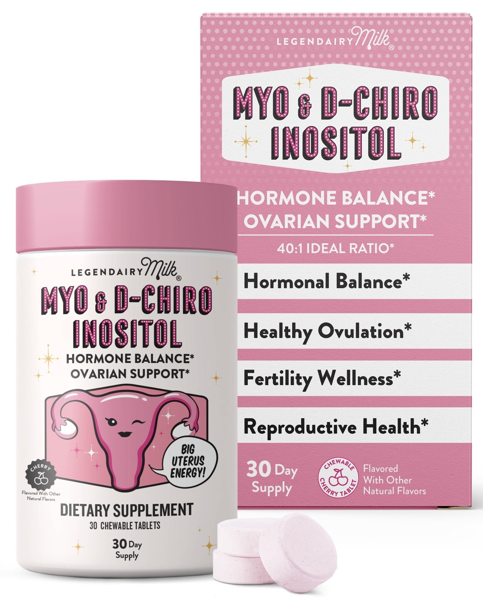Legendairy Milk Myo-Inositol & D-Chiro Inositol Supplement for Women, 40:1 Ratio, PCOS & Fertility Support, Hormone Balance, Sugar Free Vegan Chewable Tablets, Cherry Flavor, 30 Day Supply - Maple Wellness Supplements