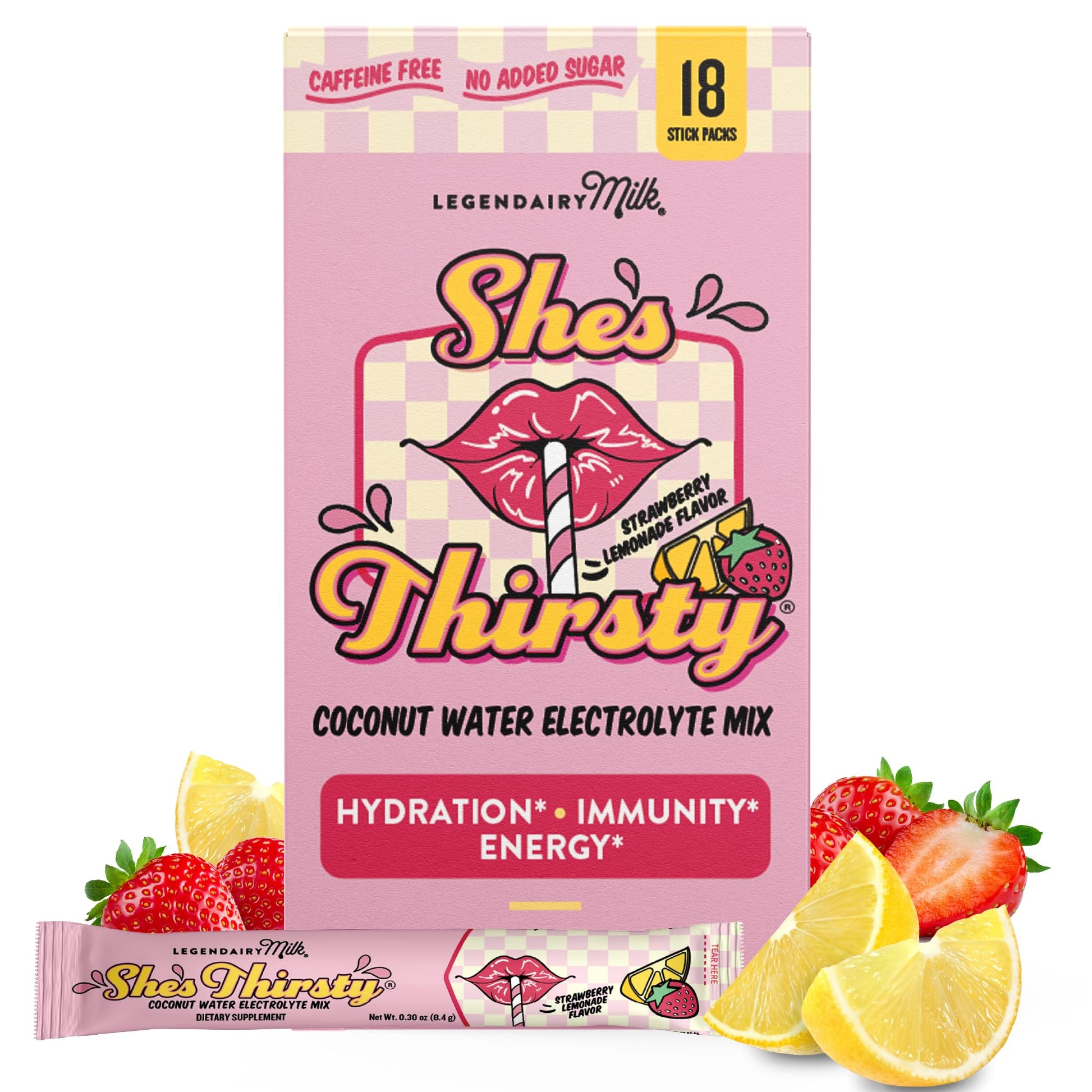 Legendairy Milk She’s Thirsty – Strawberry Lemonade, No Sugar Added Electrolytes Powder Packets–Coconut Water Mix for Women, Instant Hydration Packets, - Maple Wellness Supplements